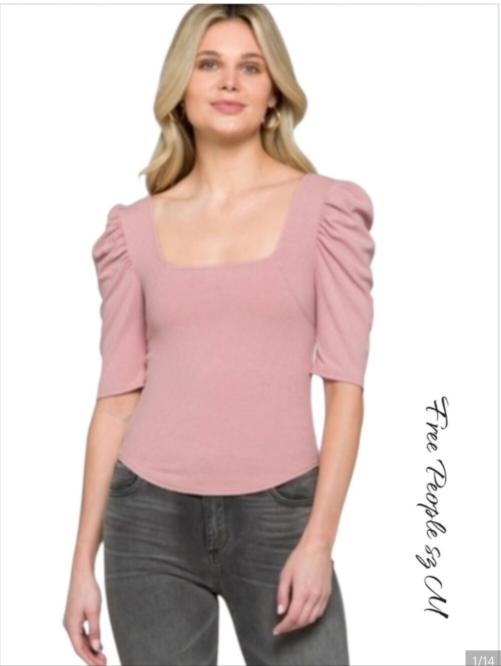 Free People Pink Square-Neck Puff Sleeve Top M NWT